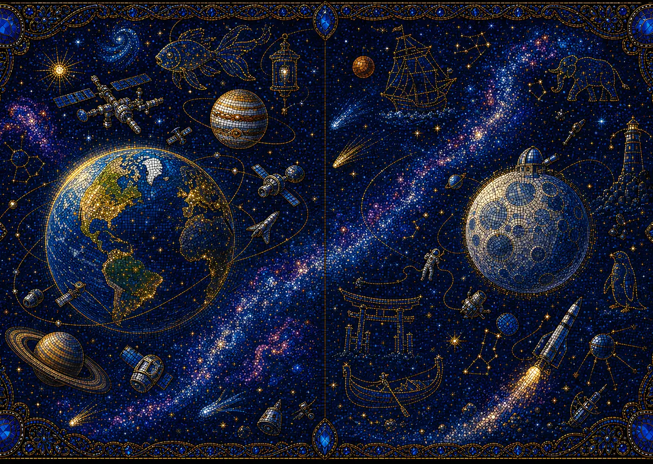 見開き「宇宙から見た地球」。旅の最後のページ（印刷用の原画を縮小）