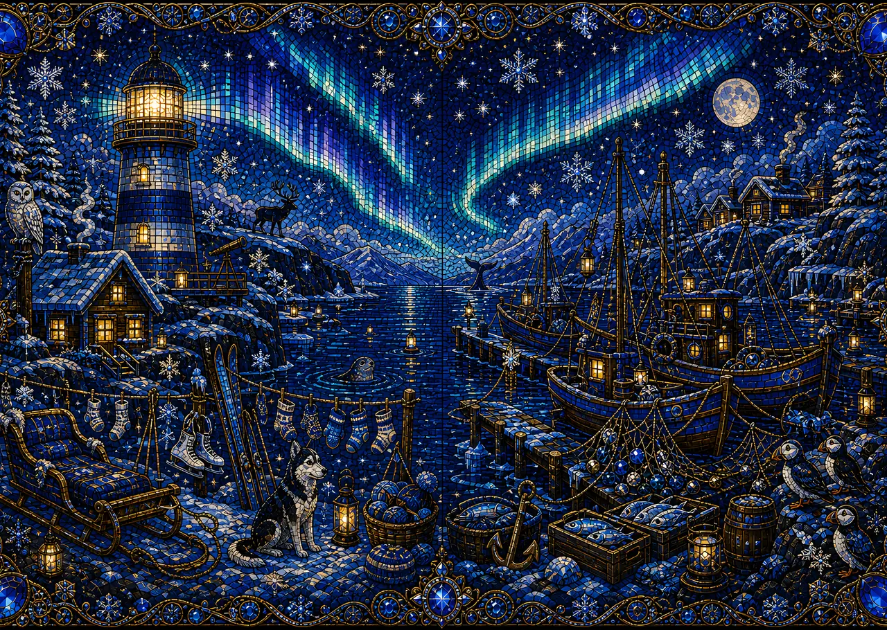 見開き「北欧の雪の港」（印刷用の原画を縮小）