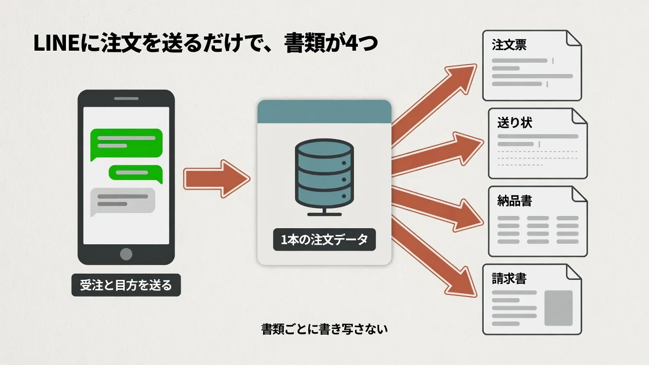 LINEで受注と目方を送ると、1本の注文データから注文票・送り状・納品書・請求書の4つの書類ができることを示す図