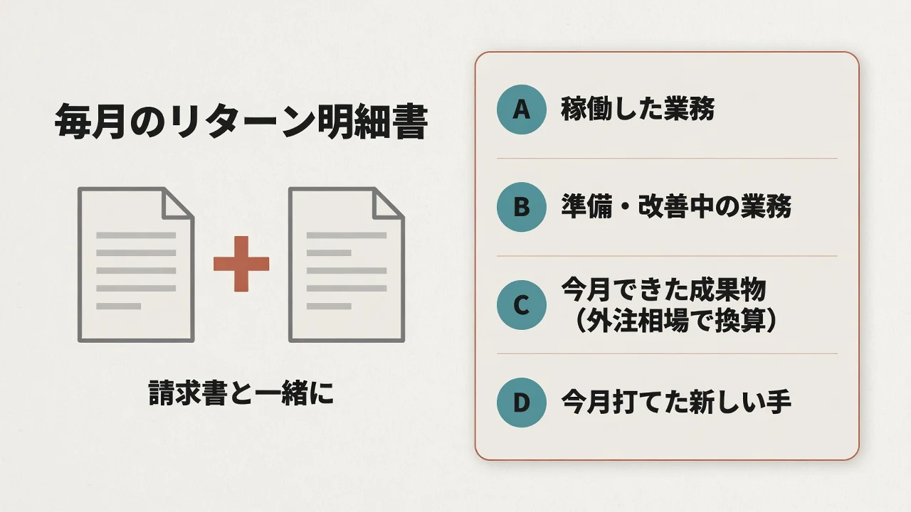 毎月、請求書と一緒に渡すリターン明細書の4つの欄（稼働した業務、準備・改善中の業務、外注相場で換算した今月の成果物、今月打てた新しい手）を示す図