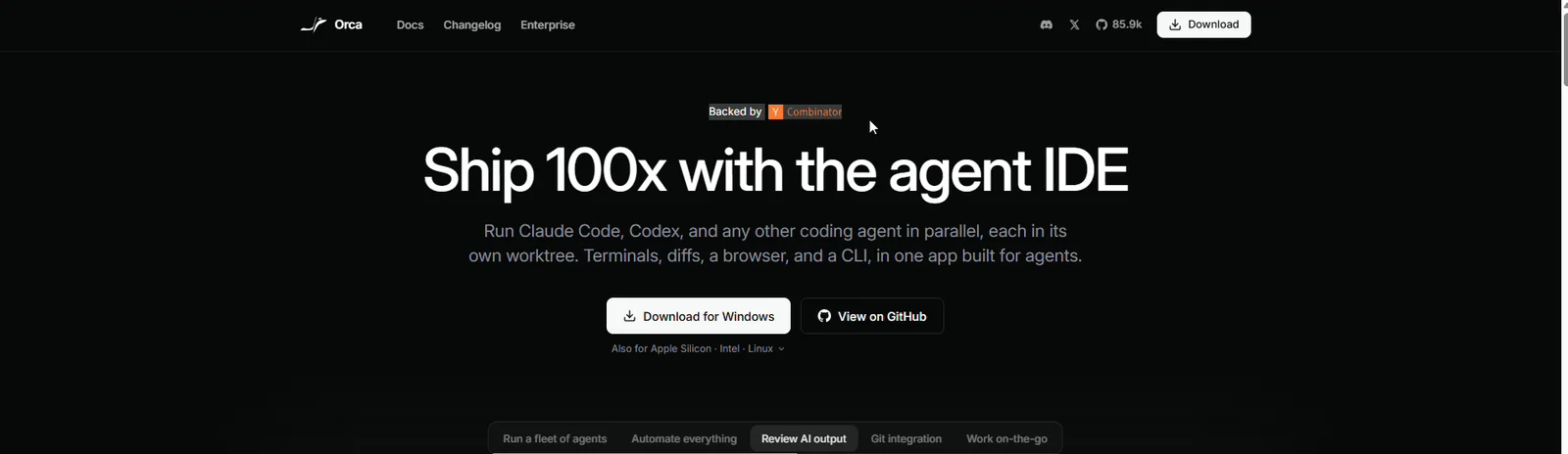 Orcaの公式サイトのトップ。Ship 100x with the agent IDEの見出しとBacked by Y Combinatorの表記