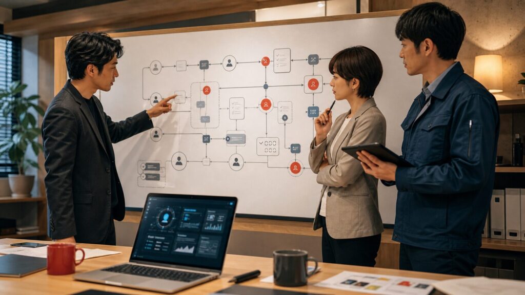 AIエージェントに仕事を任せる前に、経営者と現場責任者が委任範囲と確認ポイントを設計する様子