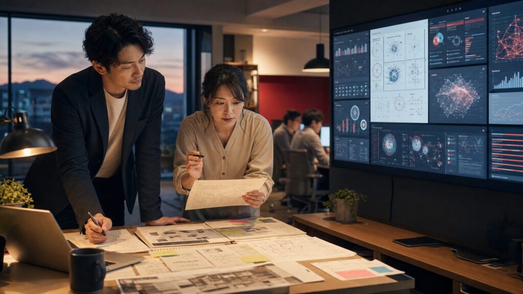 生成AI時代に会社の判断資本を残すため、経営者と現場責任者がAI出力と業務資料を見比べる様子