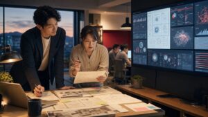 生成AI時代に会社の判断資本を残すため、経営者と現場責任者がAI出力と業務資料を見比べる様子