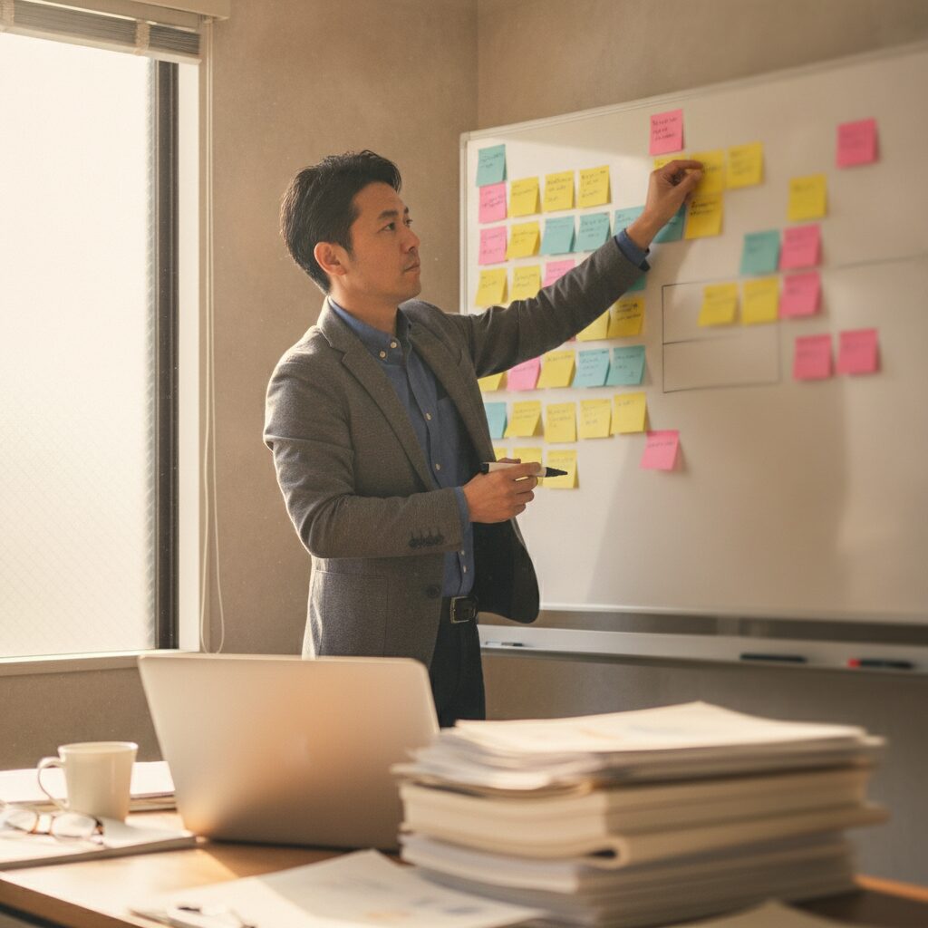 日本の中小企業の会議室で、経営者がホワイトボードの前で業務の棚卸しをしている様子。付箋や手書きの図、ノートパソコン。温かい自然光の現場ドキュメンタリー風