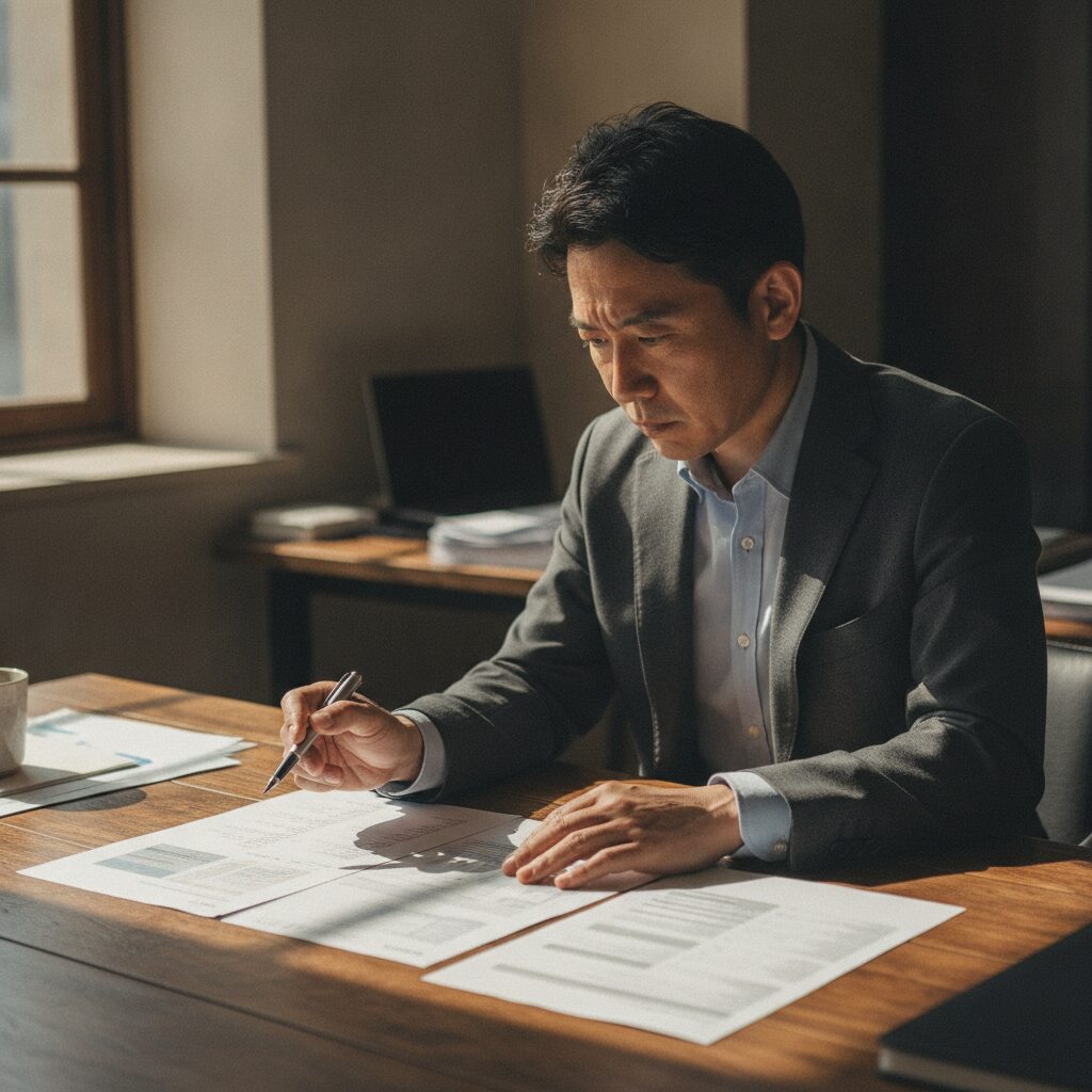 複数のAI支援サービスの提案資料を机に並べて比較検討する中小企業の経営者