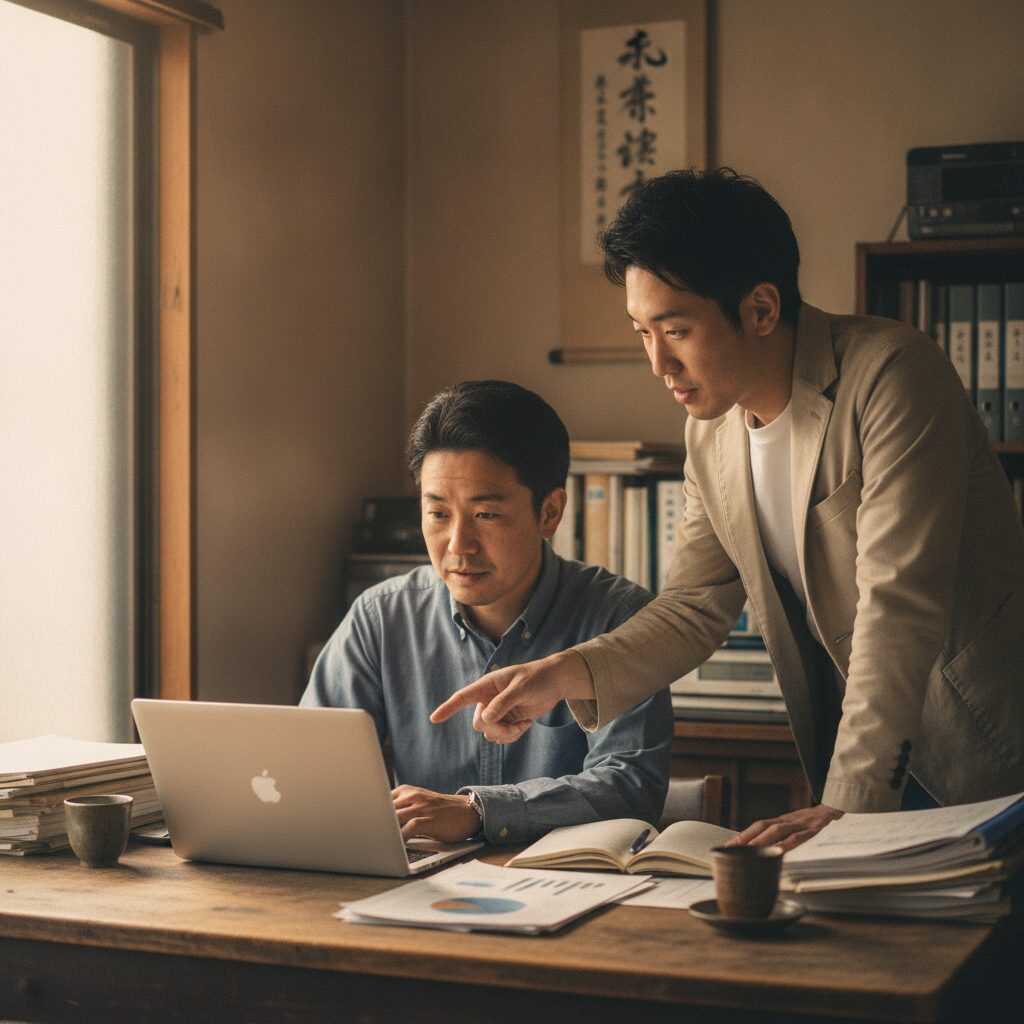 地方の中小企業の事務所で、経営者とコンサルタントがノートパソコンの画面を一緒に見ながら実際の業務資料を作っている様子。温かみのある自然光、実務の現場感