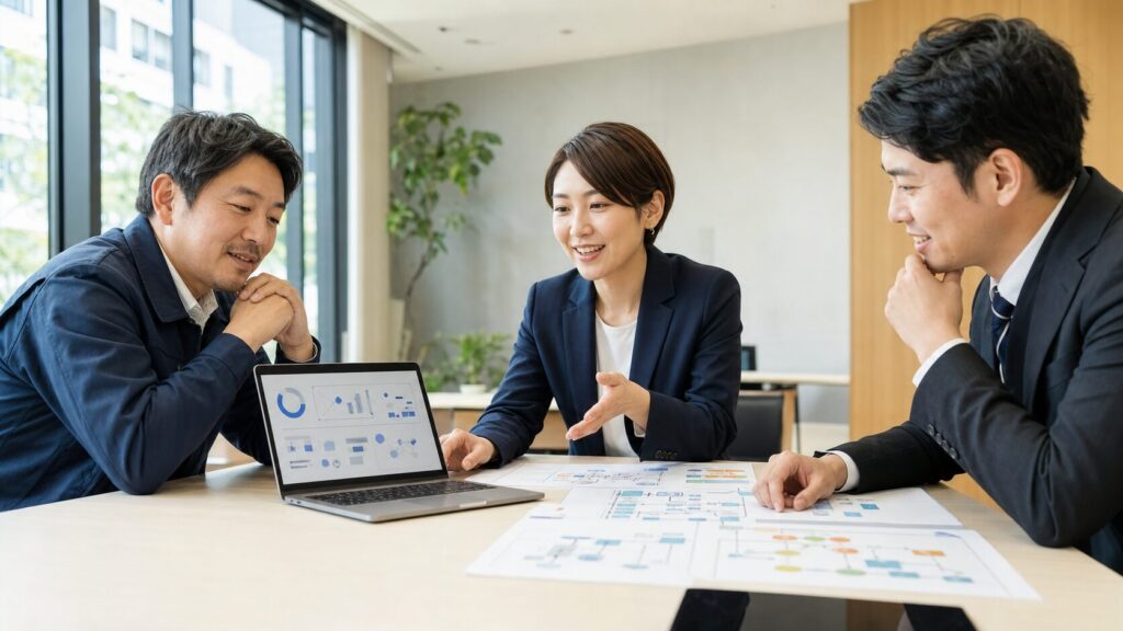 AI研修を実務に定着させるため、紙資料とExcelとAIチャットを見ながら業務フローを確認する中小企業の現場