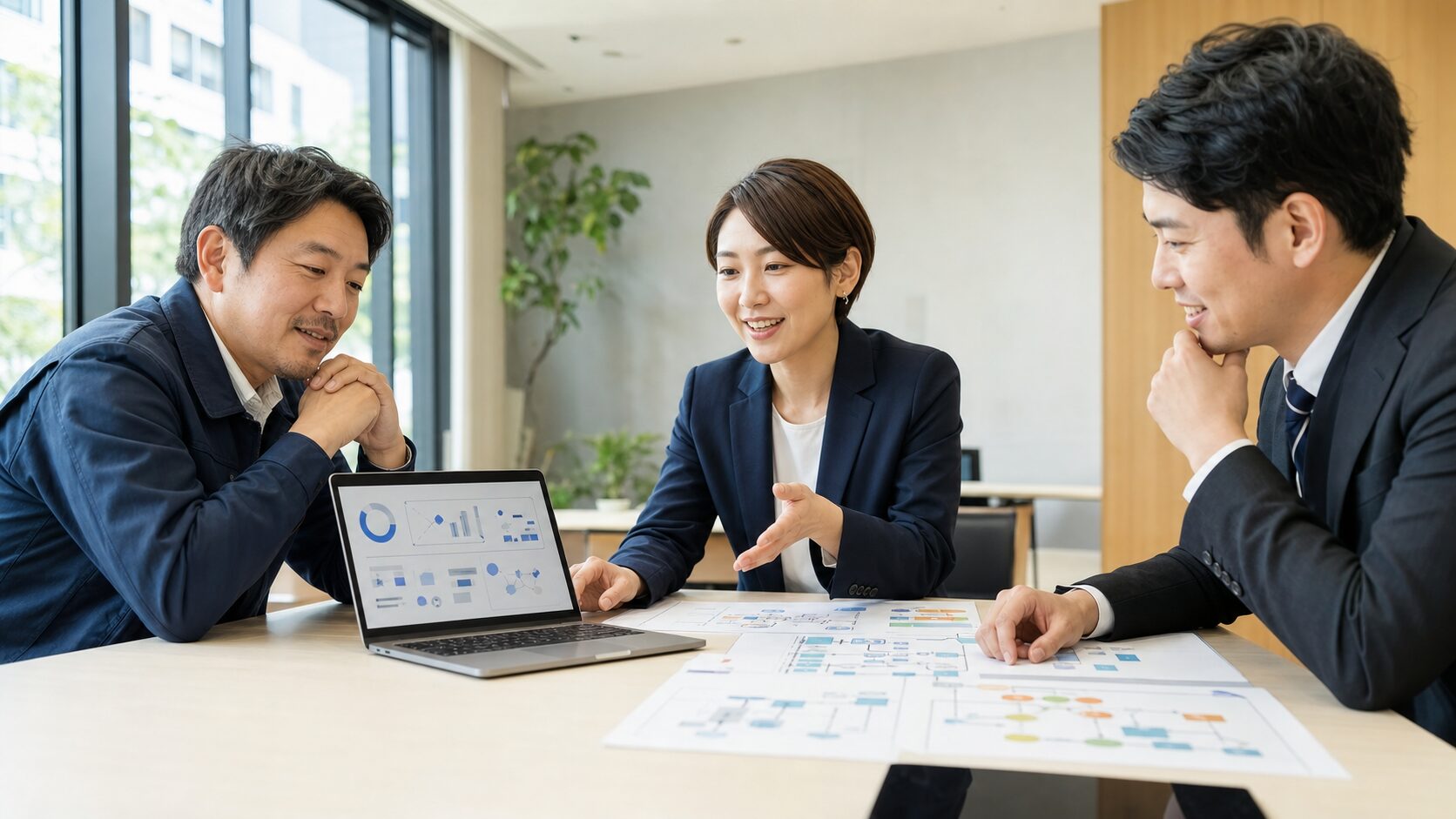 AI研修を実務に定着させるため、紙資料とExcelとAIチャットを見ながら業務フローを確認する中小企業の現場