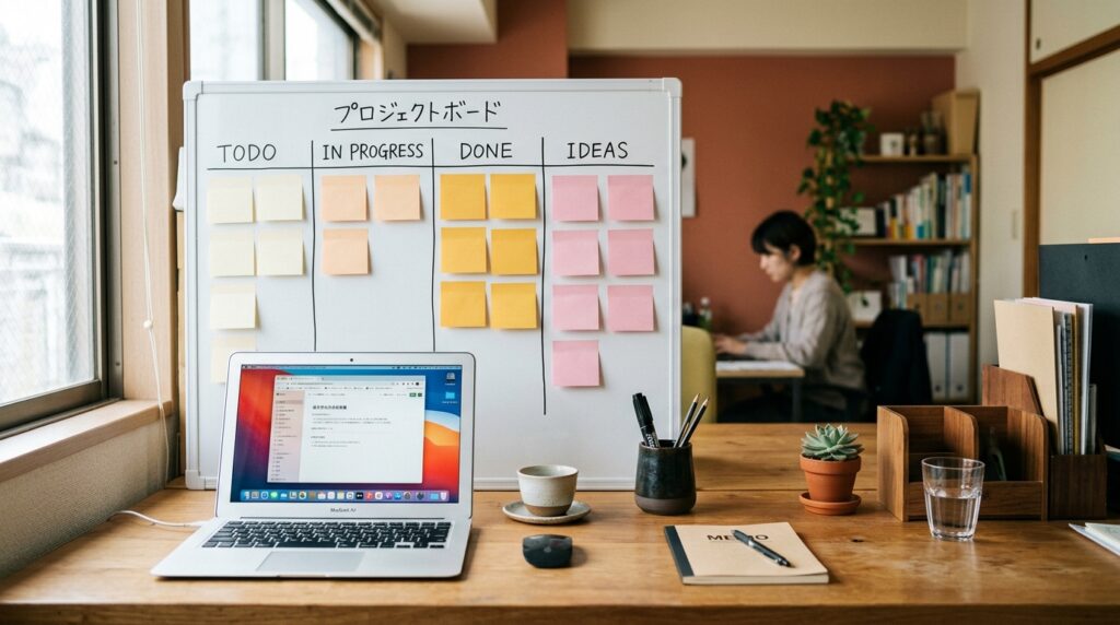 ホワイトボードに色分けされた付箋が4列に並び、手前にノートPCがある中小企業のデスク風景