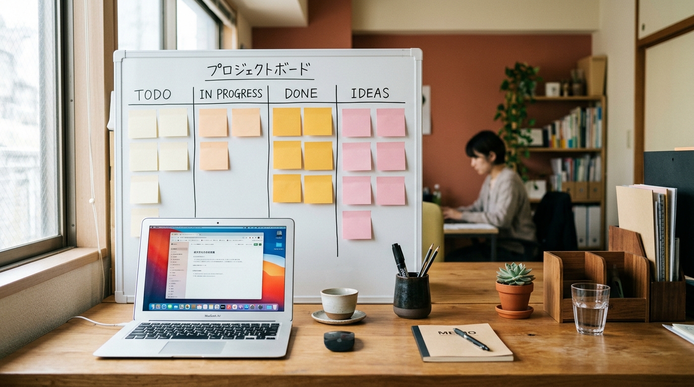 ホワイトボードに色分けされた付箋が4列に並び、手前にノートPCがある中小企業のデスク風景
