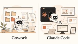 Claude CoworkとClaude Codeの違い（フォルダの中で働くCoworkとPC全体で働くClaude Codeの対比イラスト）