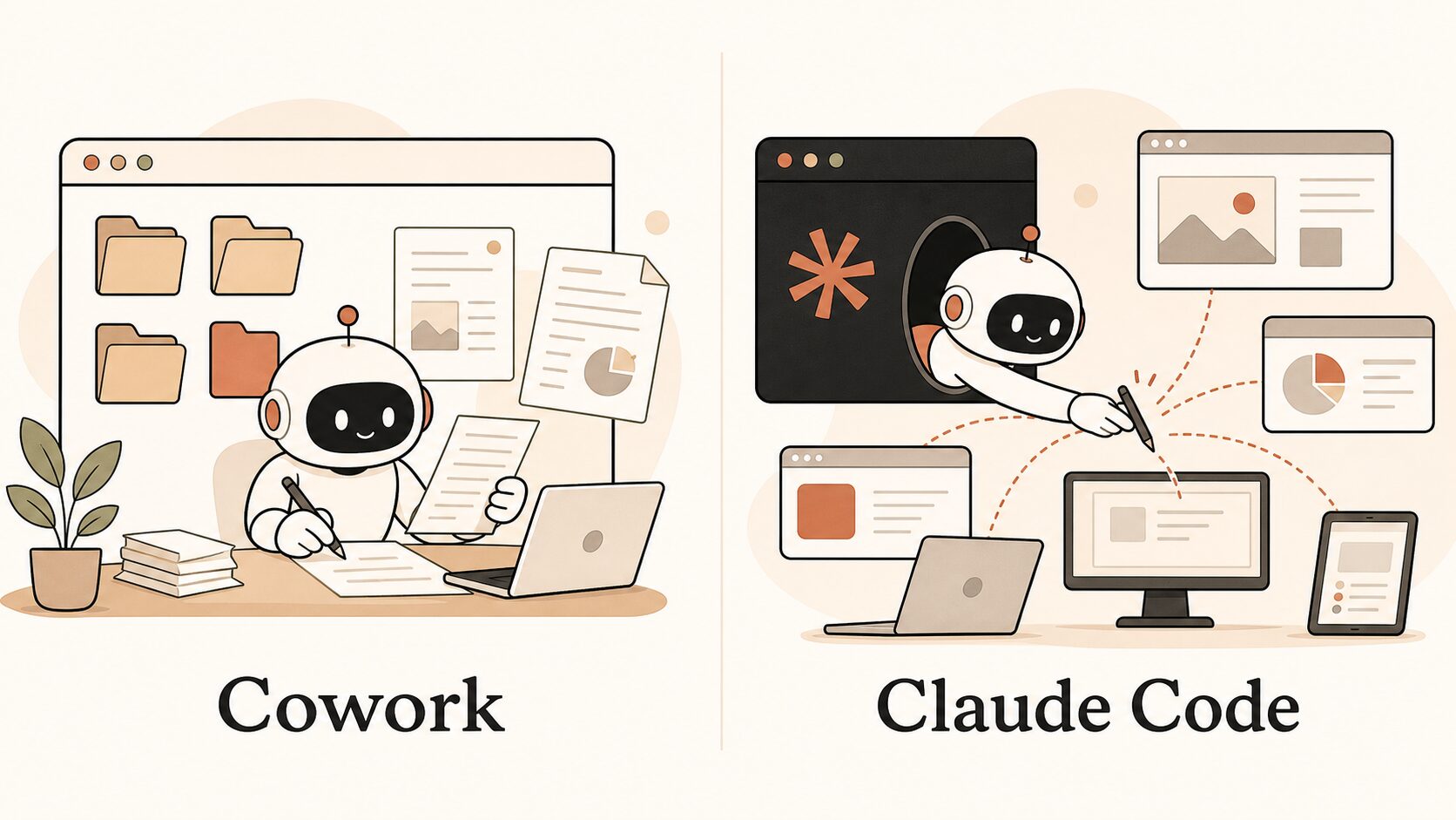 Claude CoworkとClaude Codeの違い(フォルダの中で働くCoworkとPC全体で働くClaude Codeの対比イラスト)