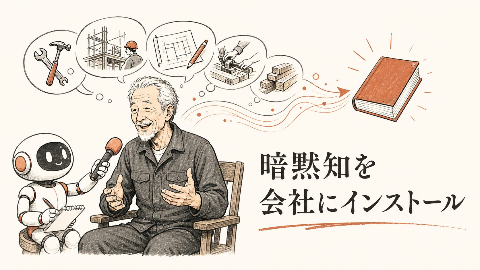暗黙知を会社にインストール——熟練職人にAIがインタビューし、経験が1冊の本になるイラスト