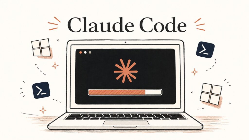 Claude CodeをWindowsにインストールするイメージ（ノートPCのターミナル画面とインストール進行バー）