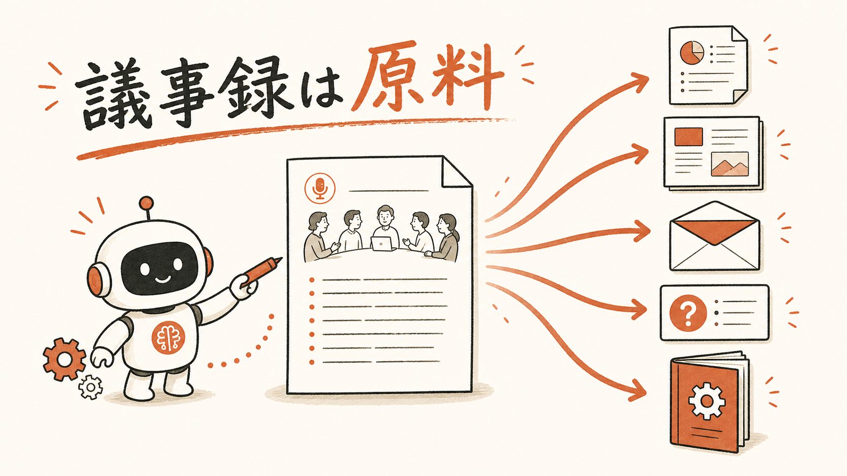議事録は原料——1枚の文字起こしから5つの成果物が生まれるイラスト