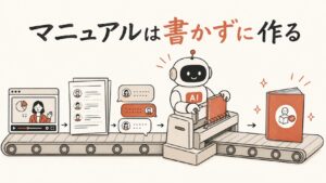 マニュアルは書かずに作る——録画・文字起こし・チャットからAIがマニュアルを製本するイラスト