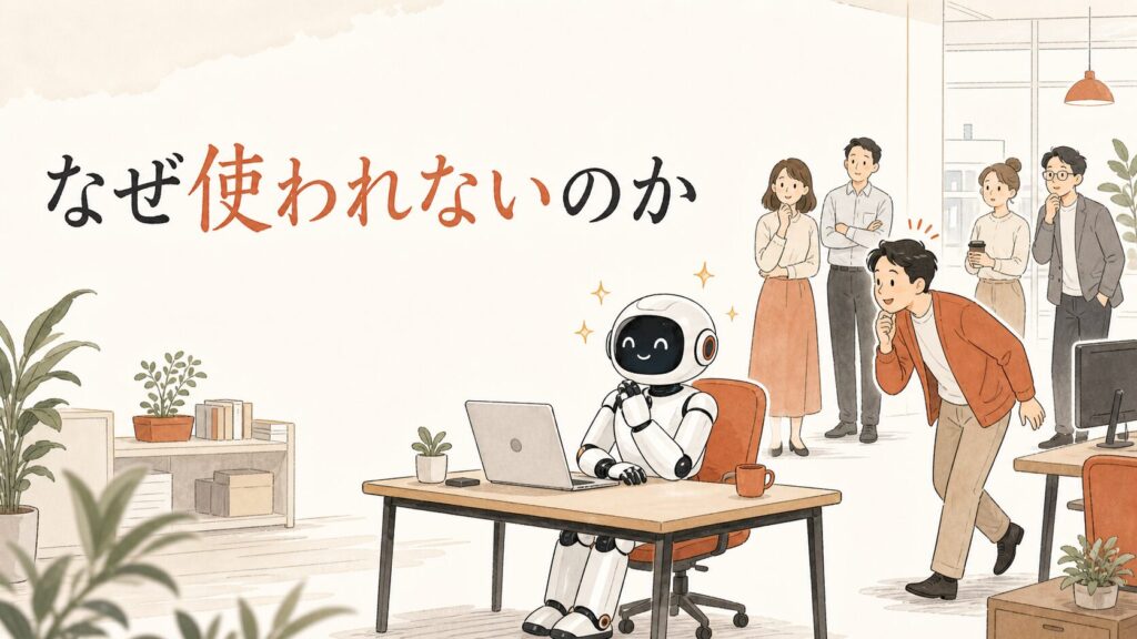 なぜ使われないのか——AIロボットの周りで様子見する社員たちのイラスト