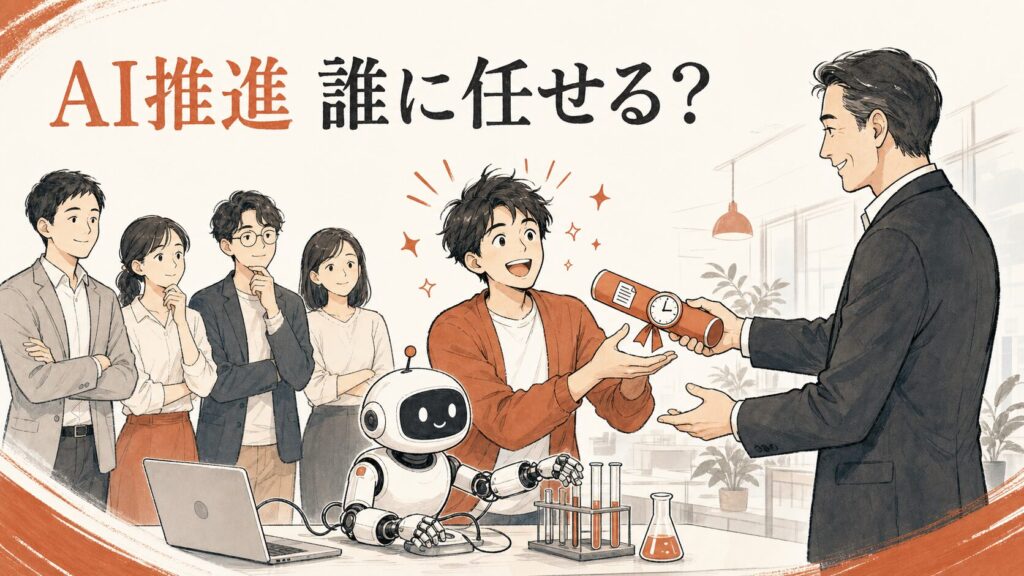 AI推進は誰に任せる？——一番面白がっている社員に権限と時間のバトンを渡すイラスト