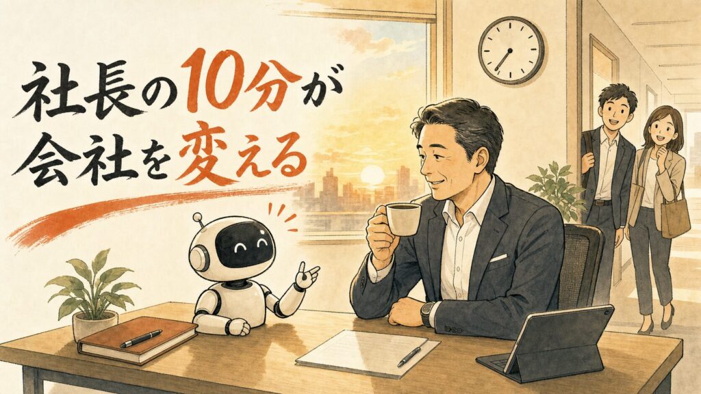 社長の10分が会社を変える——始業前にAIと対話する経営者のイラスト