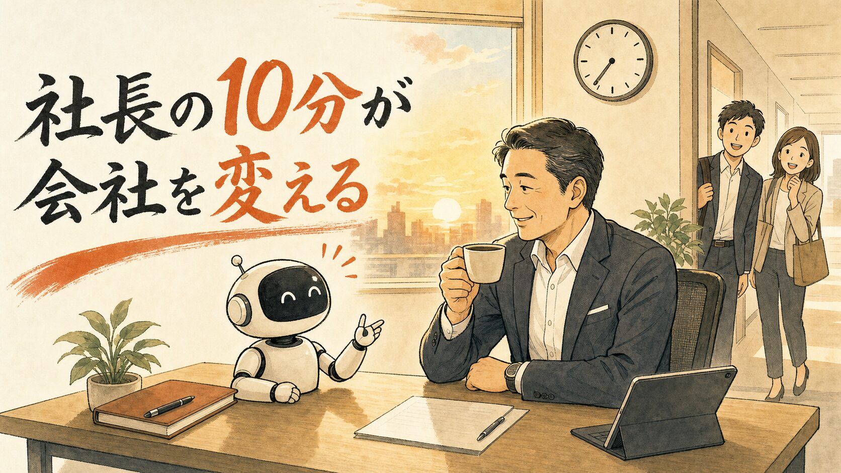 社長の10分が会社を変える——始業前にAIと対話する経営者のイラスト