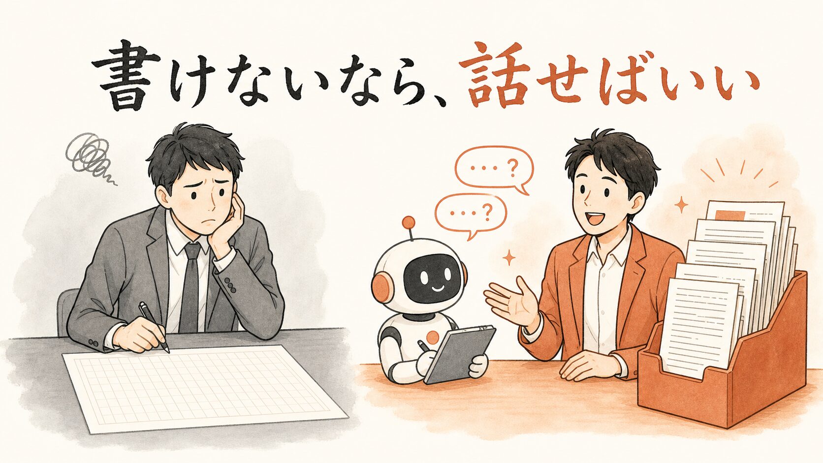 書けないなら、話せばいい——白紙に悩む姿と、AIの質問に答えるだけで文書が積み上がる姿の対比イラスト