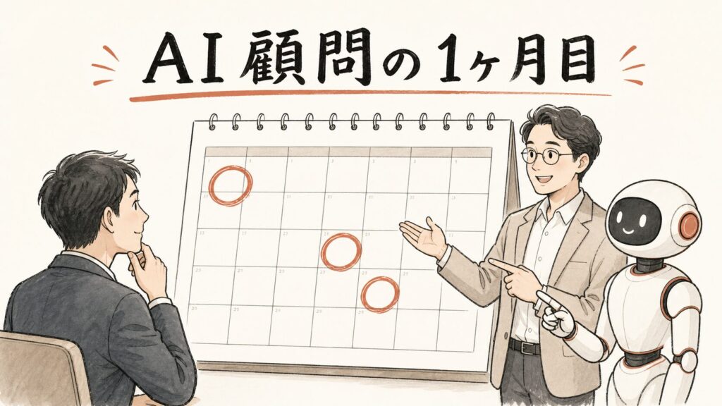 AI顧問の1ヶ月目——カレンダーの実物で中身を見せるイラスト