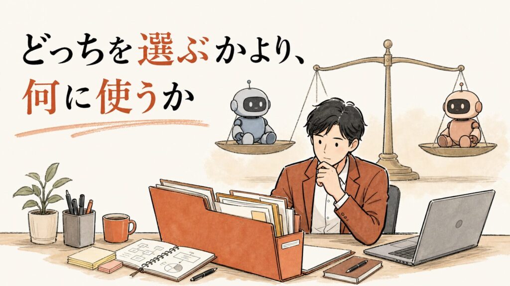 どっちを選ぶかより、何に使うか——天秤の2つのAIより自社の業務フォルダを見つめる経営者のイラスト