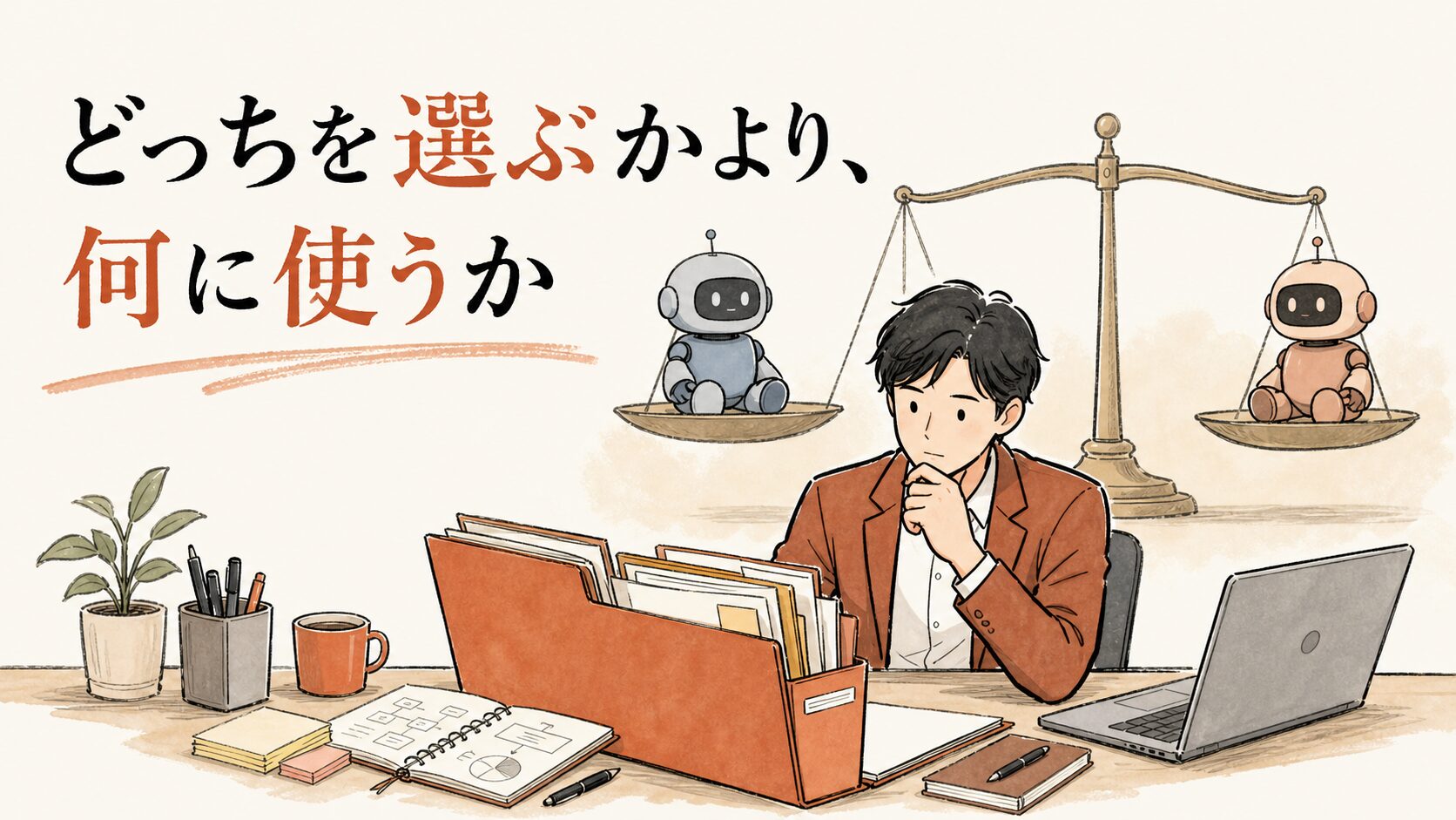 どっちを選ぶかより、何に使うか——天秤の2つのAIより自社の業務フォルダを見つめる経営者のイラスト