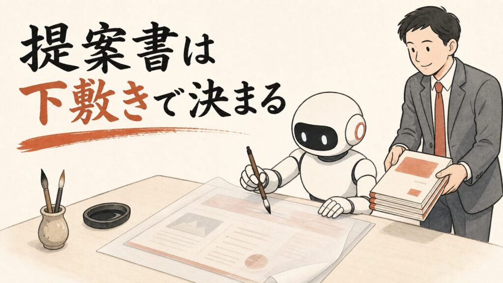 提案書は下敷きで決まる——勝った提案書を透かして新しい提案書を書くAIのイラスト