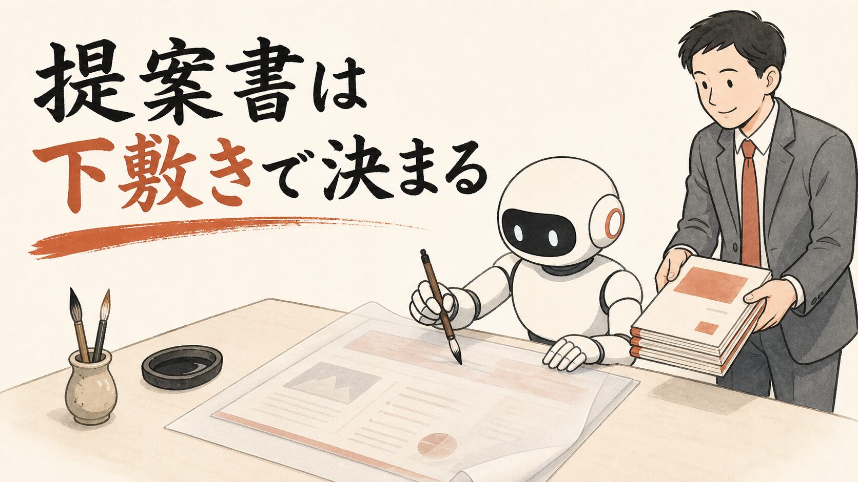 提案書は下敷きで決まる——勝った提案書を透かして新しい提案書を書くAIのイラスト