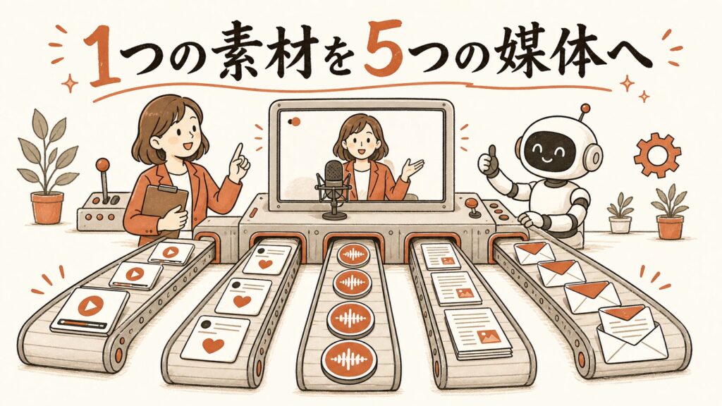 1つの素材を5つの媒体へ——1本の収録から5本のベルトコンベアで成果物が流れるイラスト