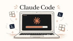 Claude CodeをWindowsにインストールするイメージ（ノートPCのターミナル画面とインストール進行バー）