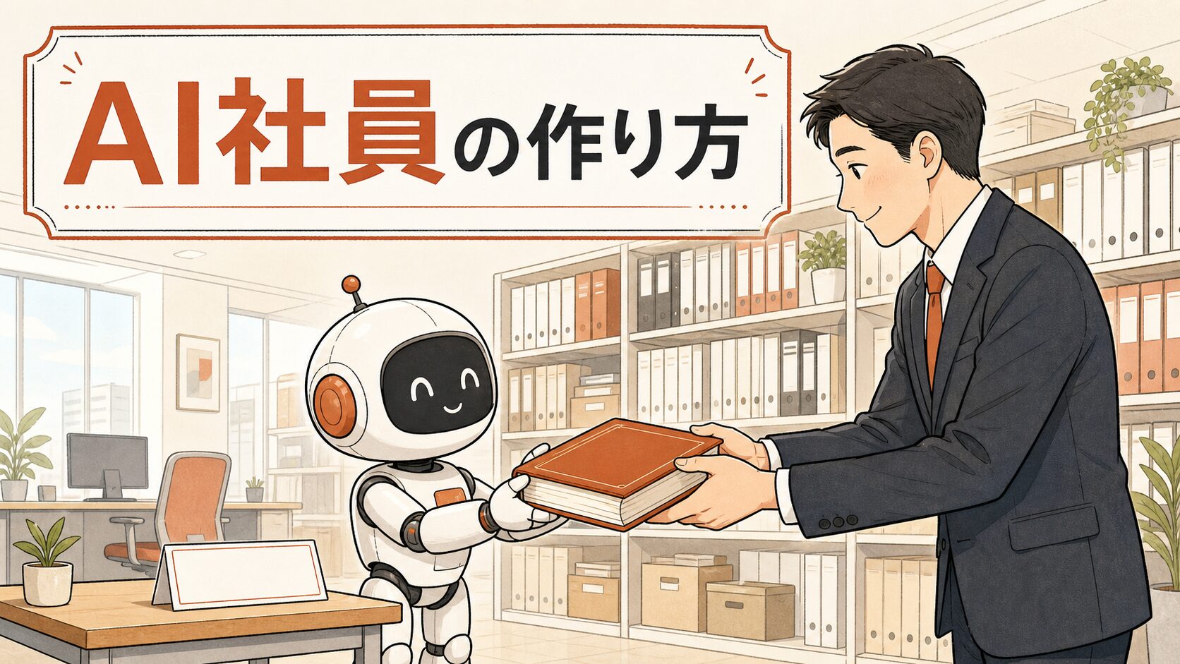 AI社員の作り方——入社初日のAIロボットが会社の教科書を受け取るイラスト