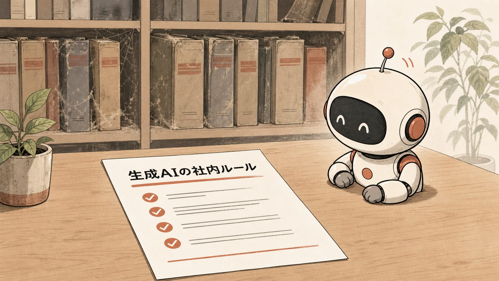 生成AIの社内ルール——A4一枚のルールを読むAIロボットと、埃をかぶった分厚い規程ファイルの対比イラスト