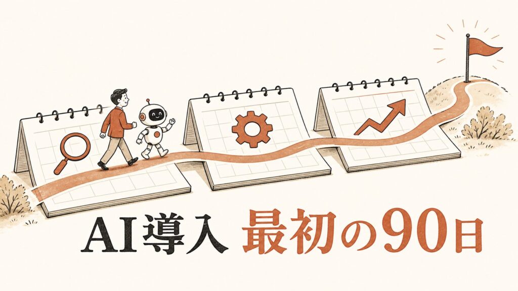 AI導入 最初の90日——3ヶ月のカレンダーの上をゴールへ歩む経営者とAIのイラスト