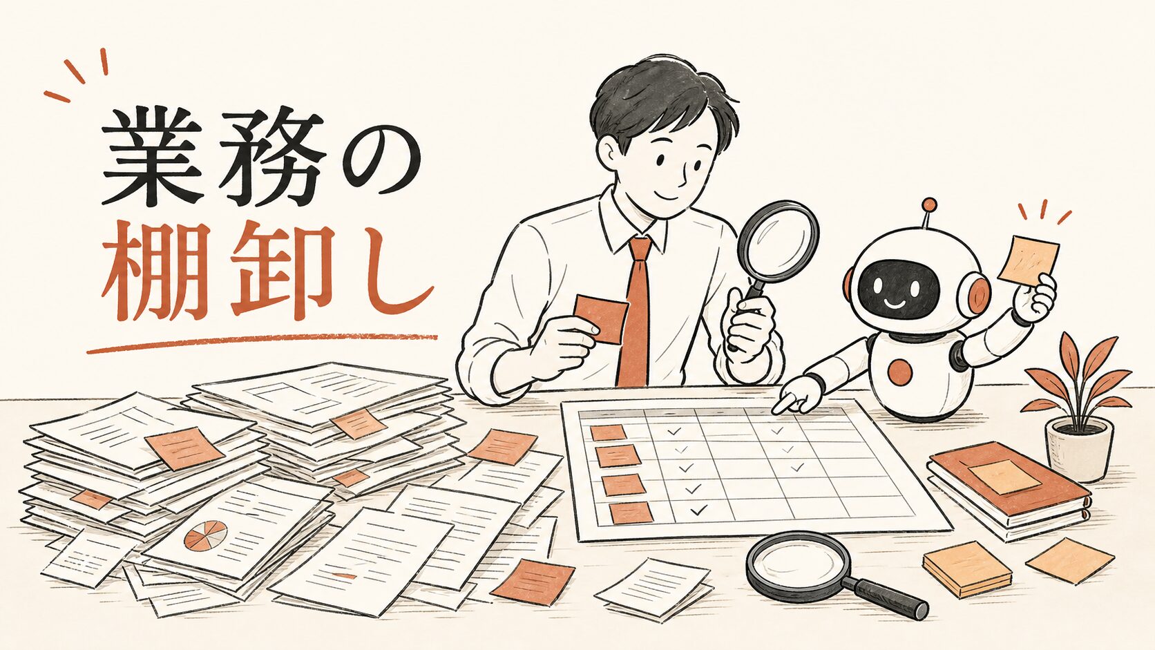 業務の棚卸し——散らばった書類をAIと一緒に一覧表へ整理するイラスト