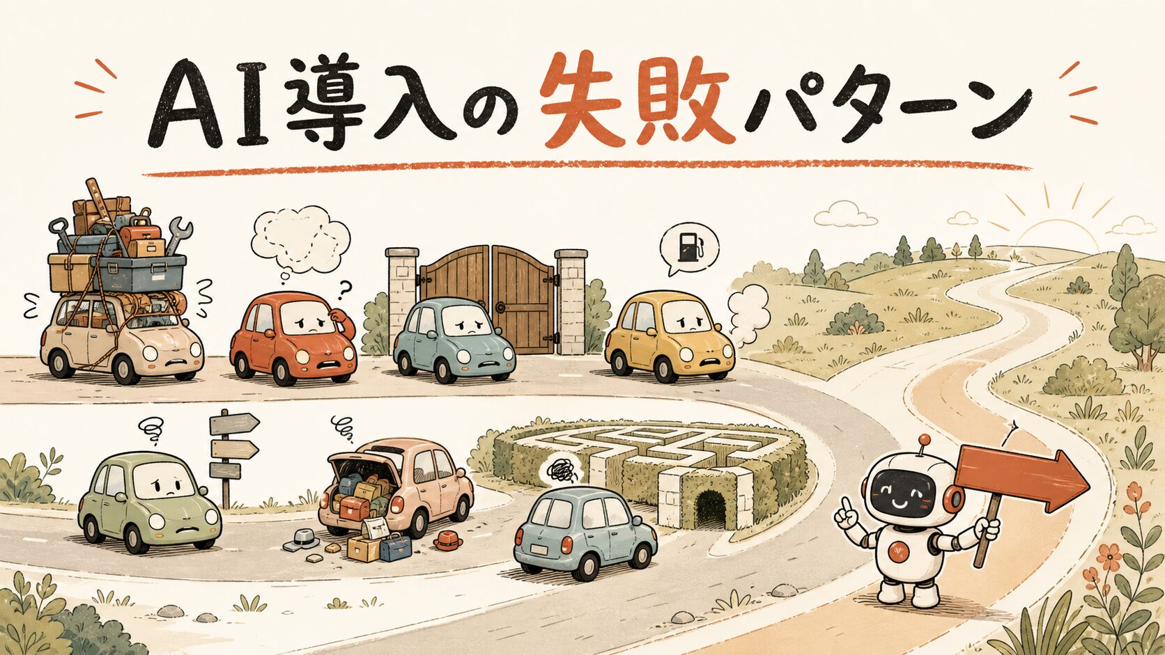 AI導入の失敗パターン——道の途中で止まった7台の車と正しい道を示すAIのイラスト