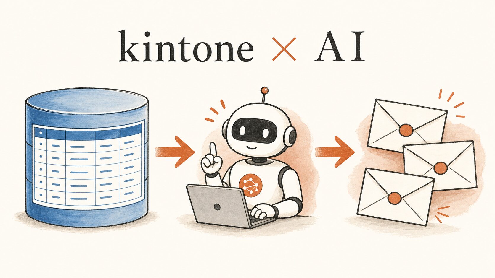 kintone×AI——データベースからAIが発注メールを組み立てるイラスト