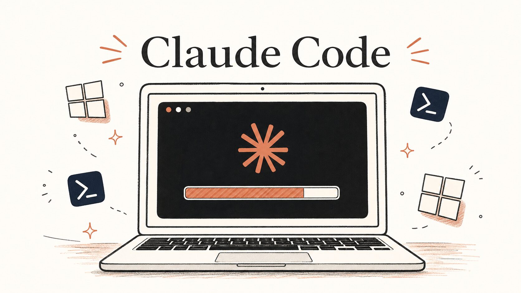 Claude CodeをWindowsにインストールするイメージ(ノートPCのターミナル画面とインストール進行バー)