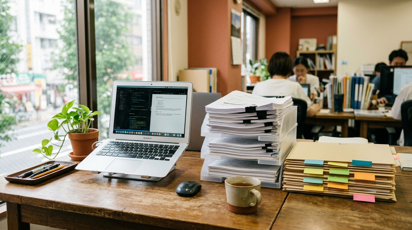 PDFや書類の山とノートPCが並ぶデスク。社内資料をAIで整理する現場イメージ