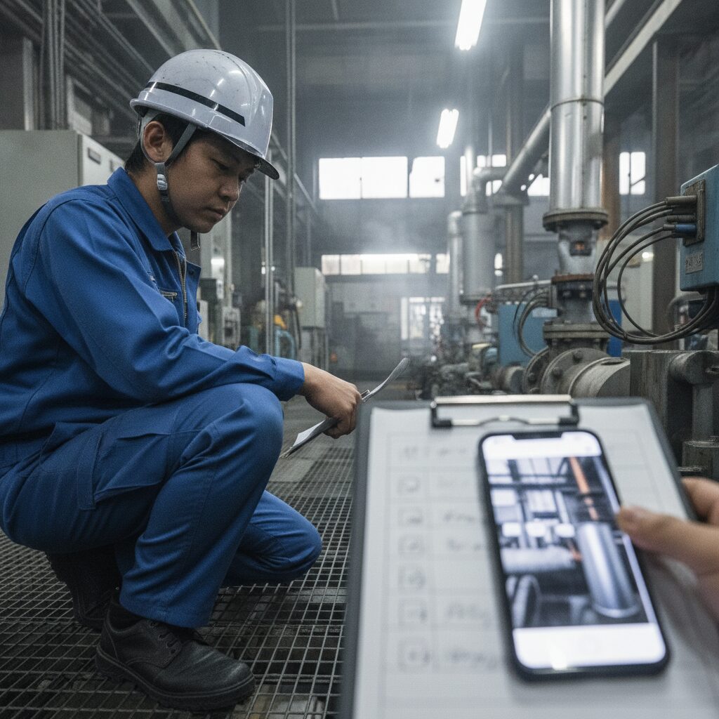 日本の設備点検の現場で、作業服の点検員がチェックシートに手書きで記録している様子。ヘルメット着用、建物の設備室、現場ドキュメンタリー風