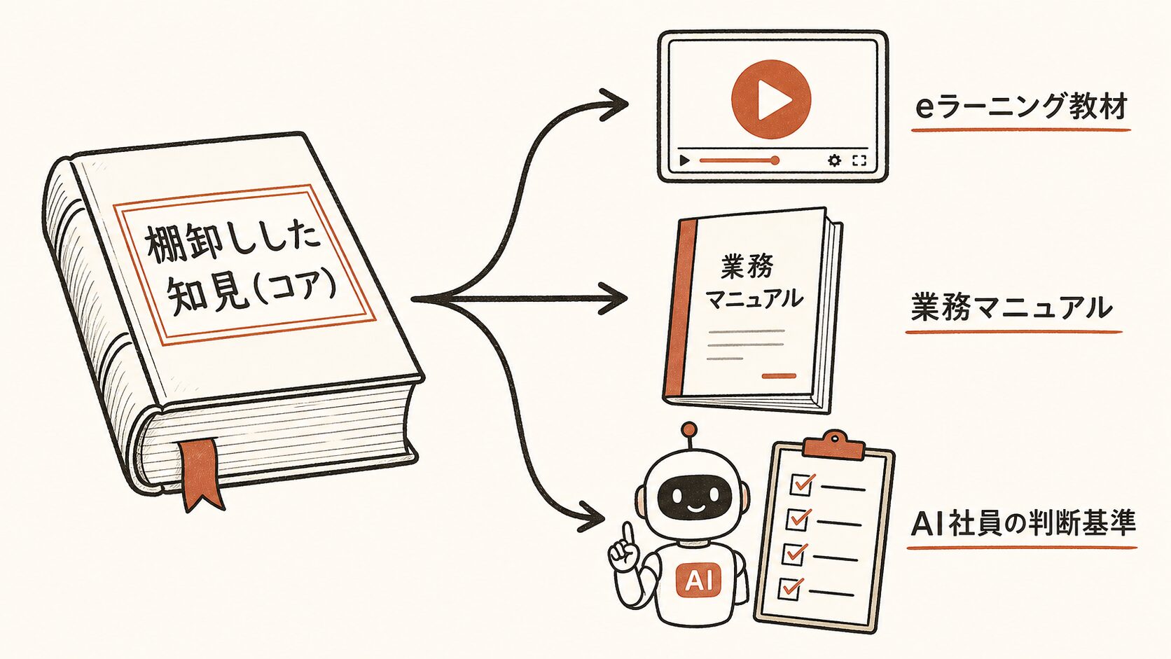 1コア×3出口の図解。棚卸しした知見（コア）から、eラーニング教材・業務マニュアル・AI社員の判断基準の3つへ展開する