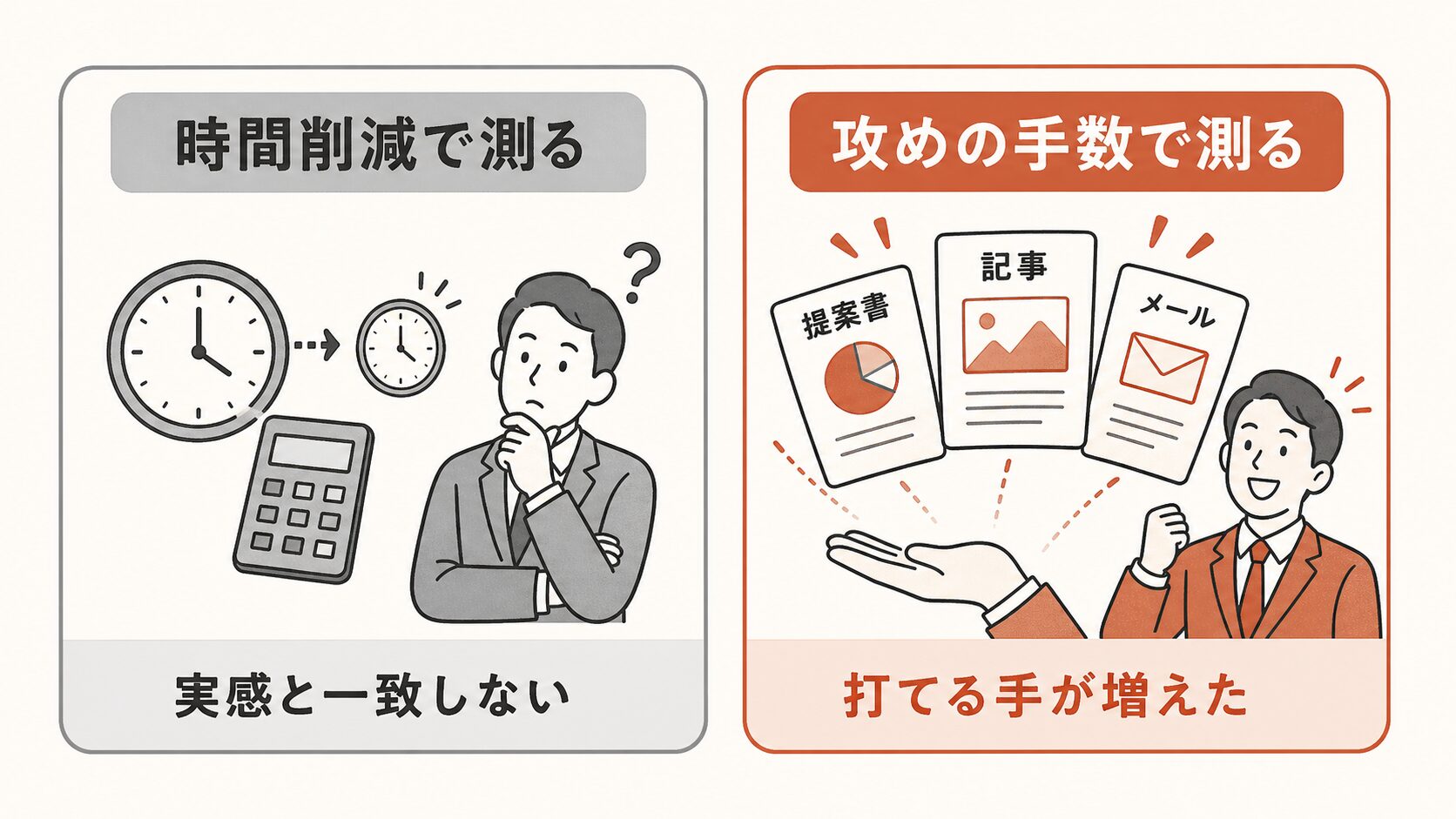 生成AIの効果測定の2軸対比図解。時間削減で測ると実感と一致しない、攻めの手数で測ると打てる手が増えたことが見える