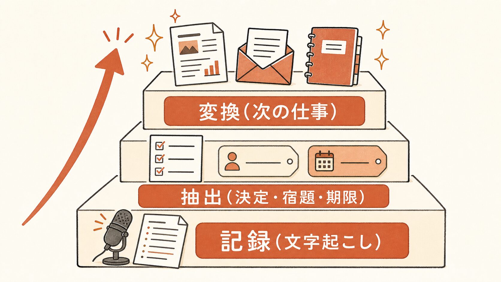議事録の価値の3層図解。記録（文字起こし）→抽出（決定・宿題・期限）→変換（次の仕事）の順に価値が上がる