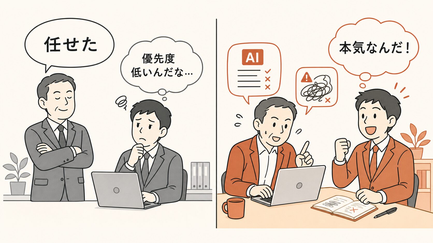 社長の行動が現場に翻訳される対比図解。「任せた」は「優先度が低い」と翻訳され、自分で触って失敗も見せると「本気なんだ」と伝わる