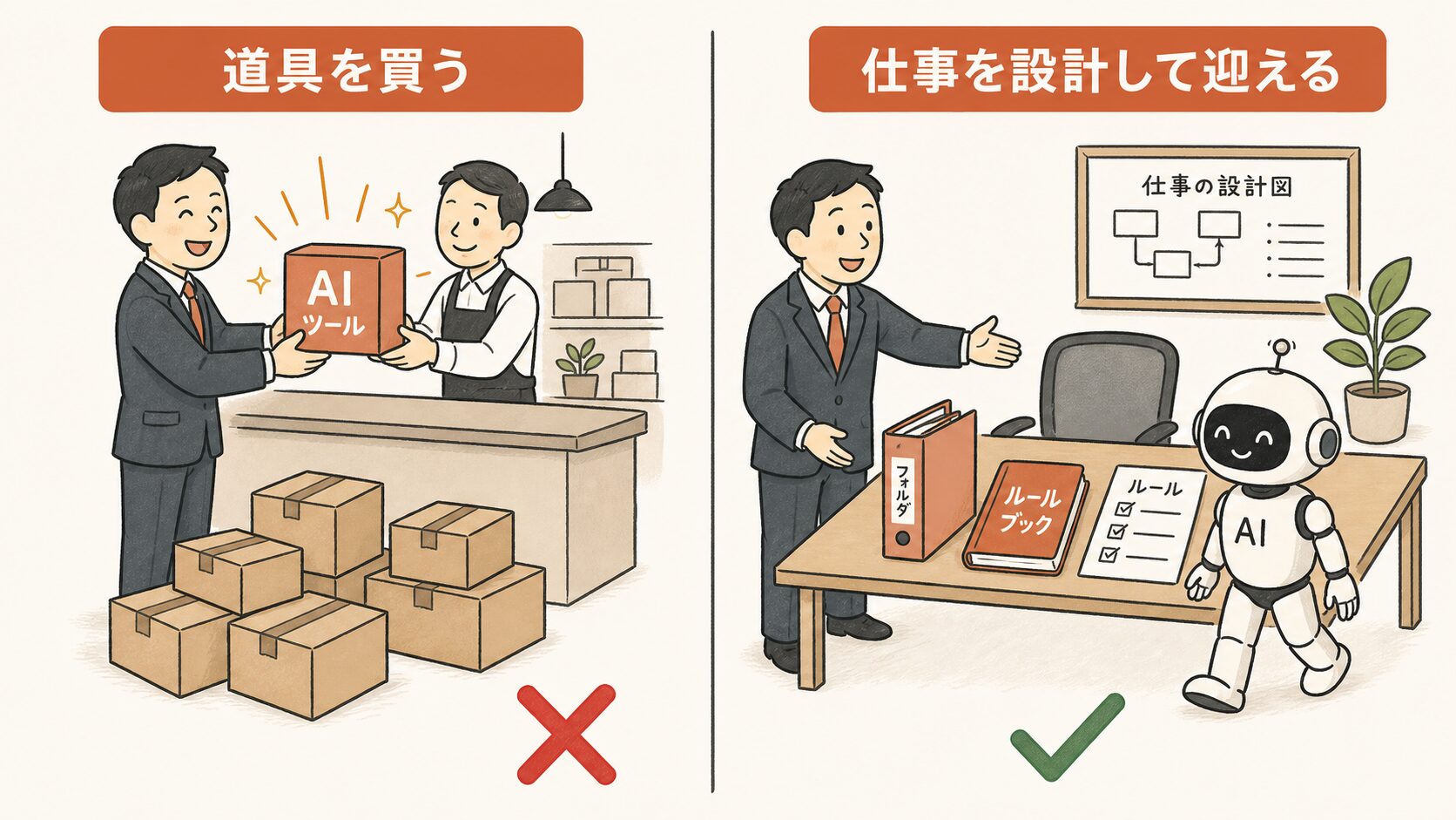 AI導入失敗の共通根の図解。道具を買う（×）と、仕事を設計して迎える（✓）の対比