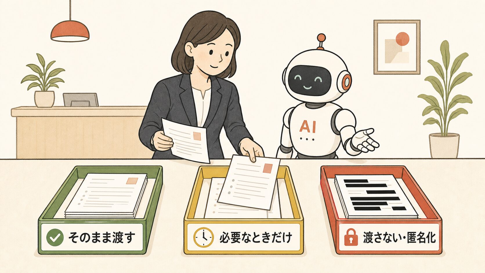 AIに渡す情報を3つのトレイに仕分ける図解。そのまま渡す（緑）・必要なときだけ（黄）・渡さない、匿名化（赤）の3段階の線引き
