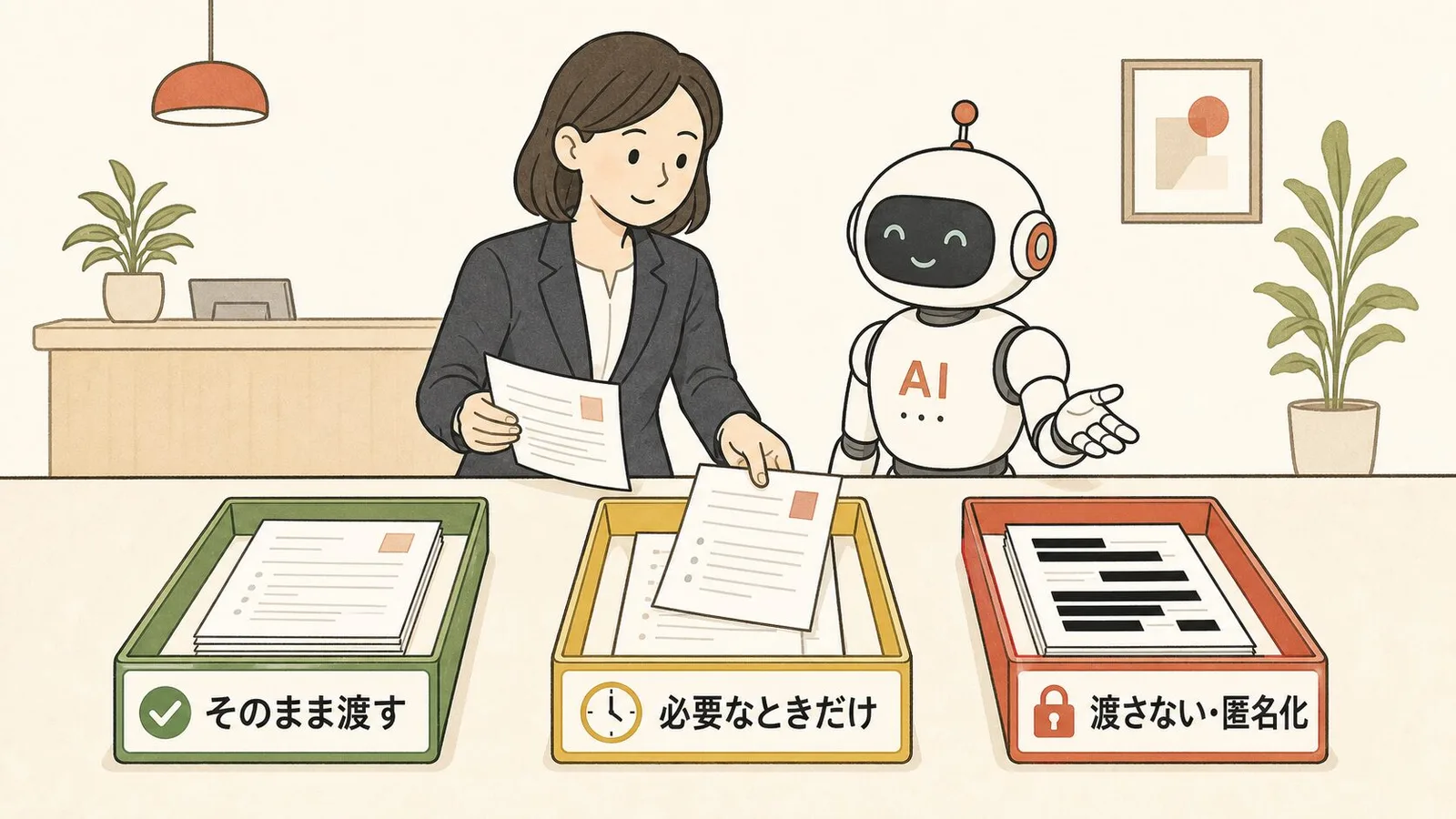 AIに渡す情報を3つのトレイに仕分ける図解。そのまま渡す（緑）・必要なときだけ（黄）・渡さない、匿名化（赤）の3段階の線引き