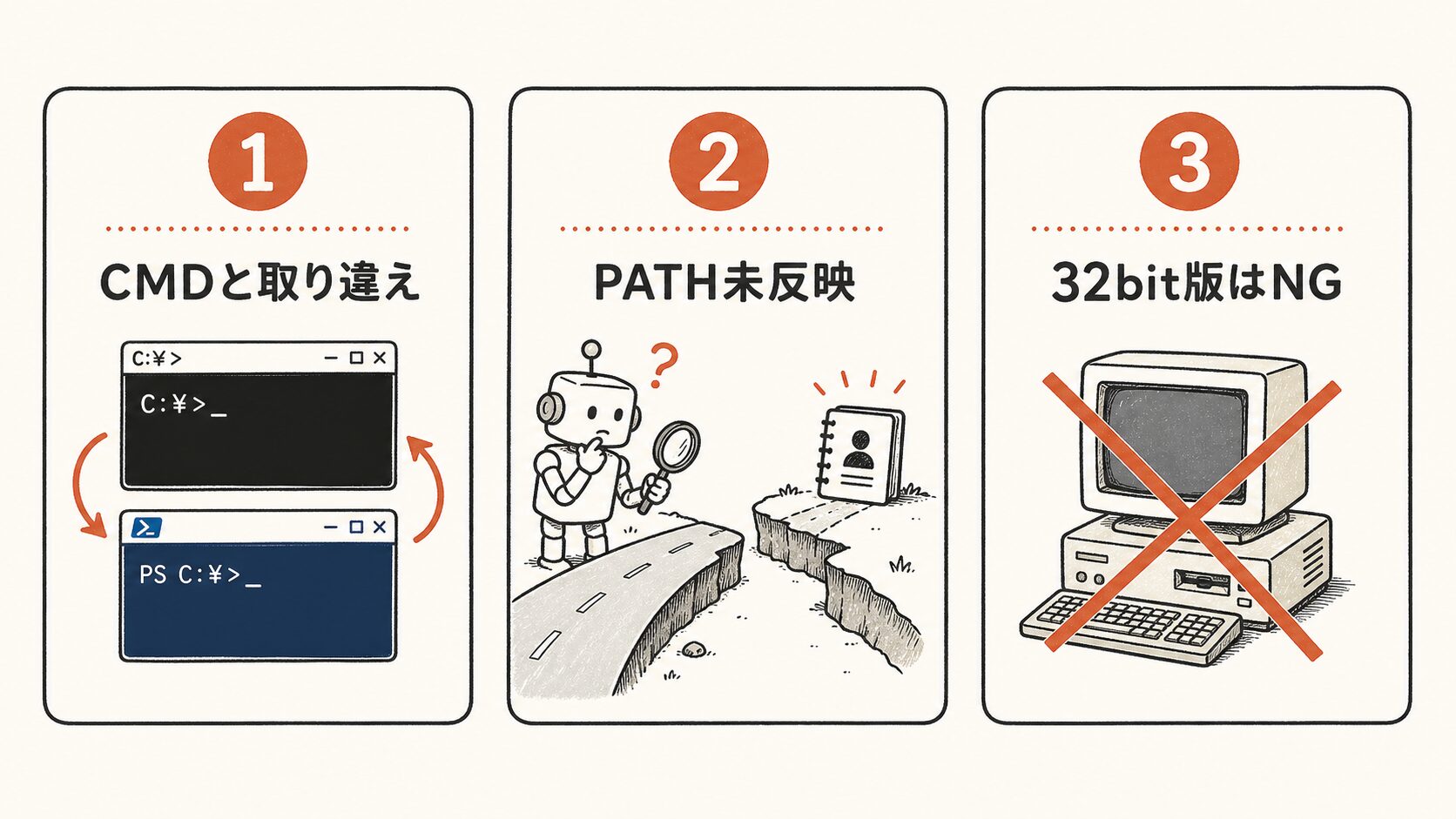 Claude Codeインストールのつまずき3大ポイントの図解。①CMDとPowerShellの取り違え ②PATH未反映 ③32bit版はNG